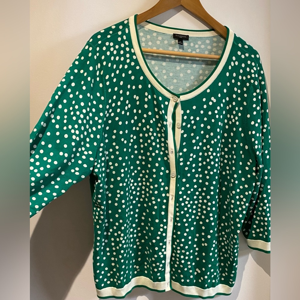 Talbot’s cardigan, Kelly green and cream, 2x